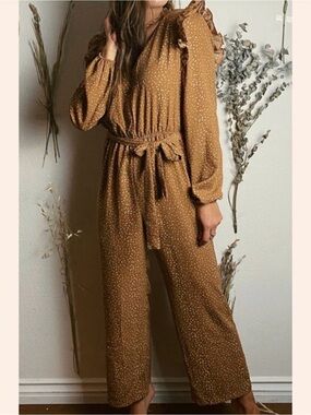 Very J Mustard Polka Dot Long-Sleeve Tie-Waist Jumpsuit